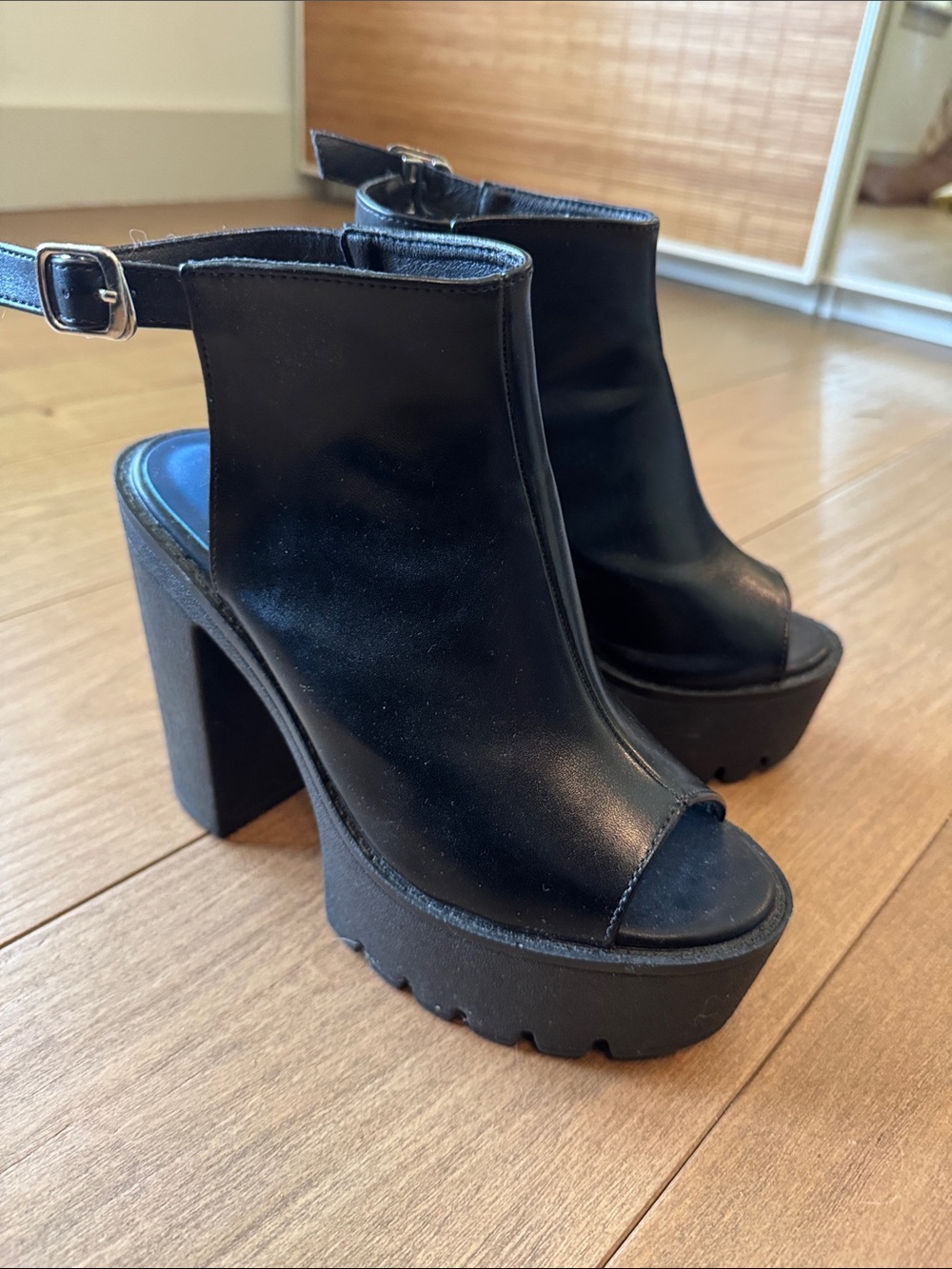 Black Peep-Toe Platform Block Heels with Ankle Strap